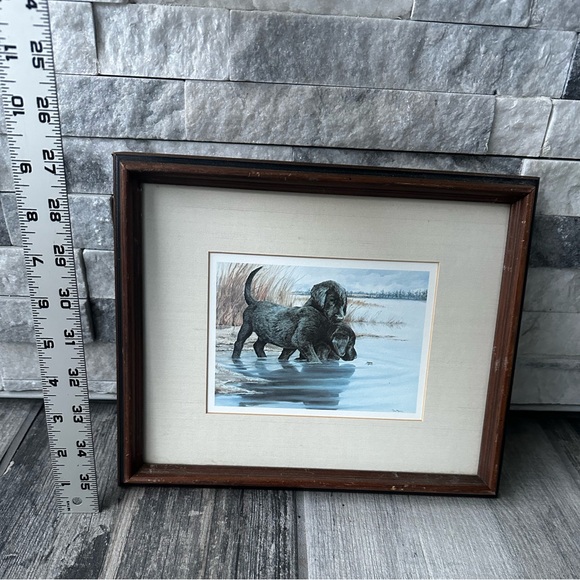 Vintage Tara Moore Lab Pups Framed Print 2 Labrador Puppies and water bug Signed - Picture 8 of 14